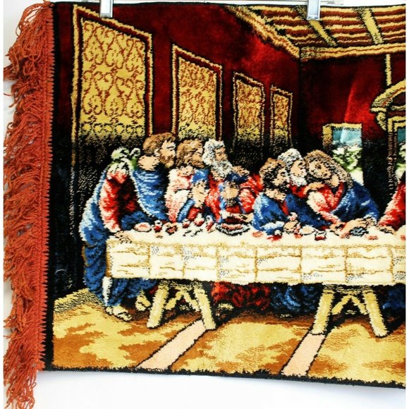 Vtg 70s P&C Last Supper Velvet Tapestry Wall Hanging 39x19 Red Fringe Religious - Picture 3 of 8